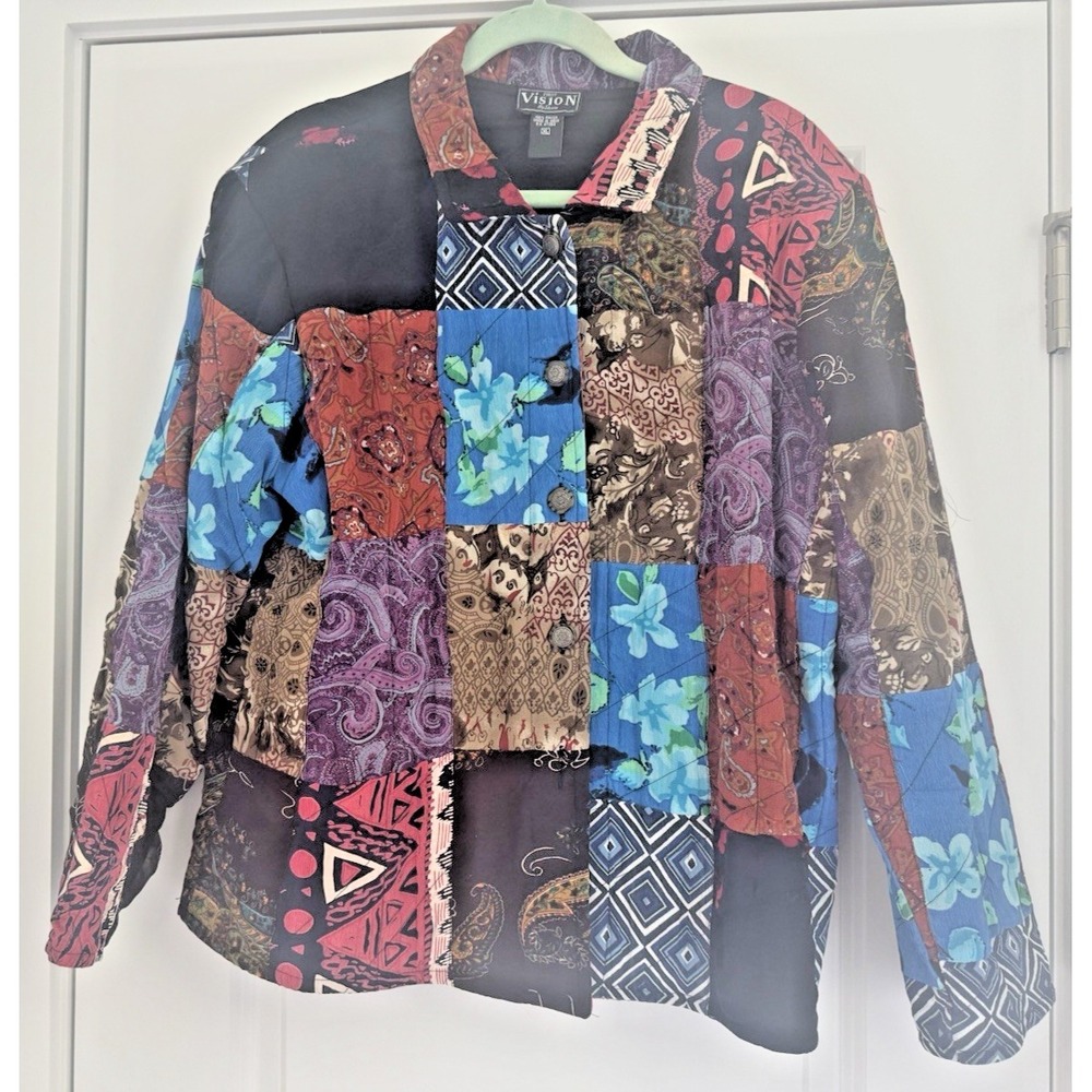 Vintage Vision by Kristin Quilted Patchwork Jacket XL Boho Artsy Rayon India - Picture 4 of 12